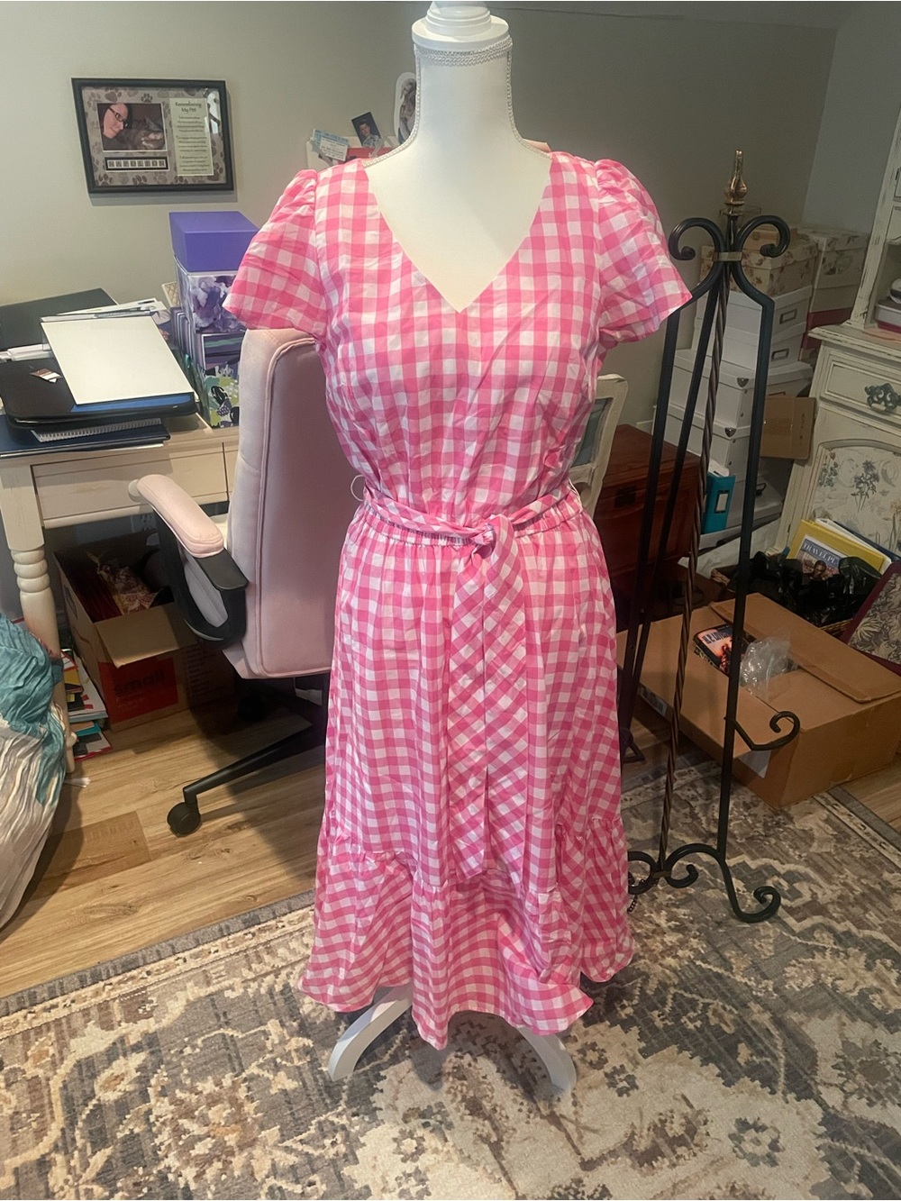 Talbots Pink Gingham V-Neck Tie-Waist Midi Dress